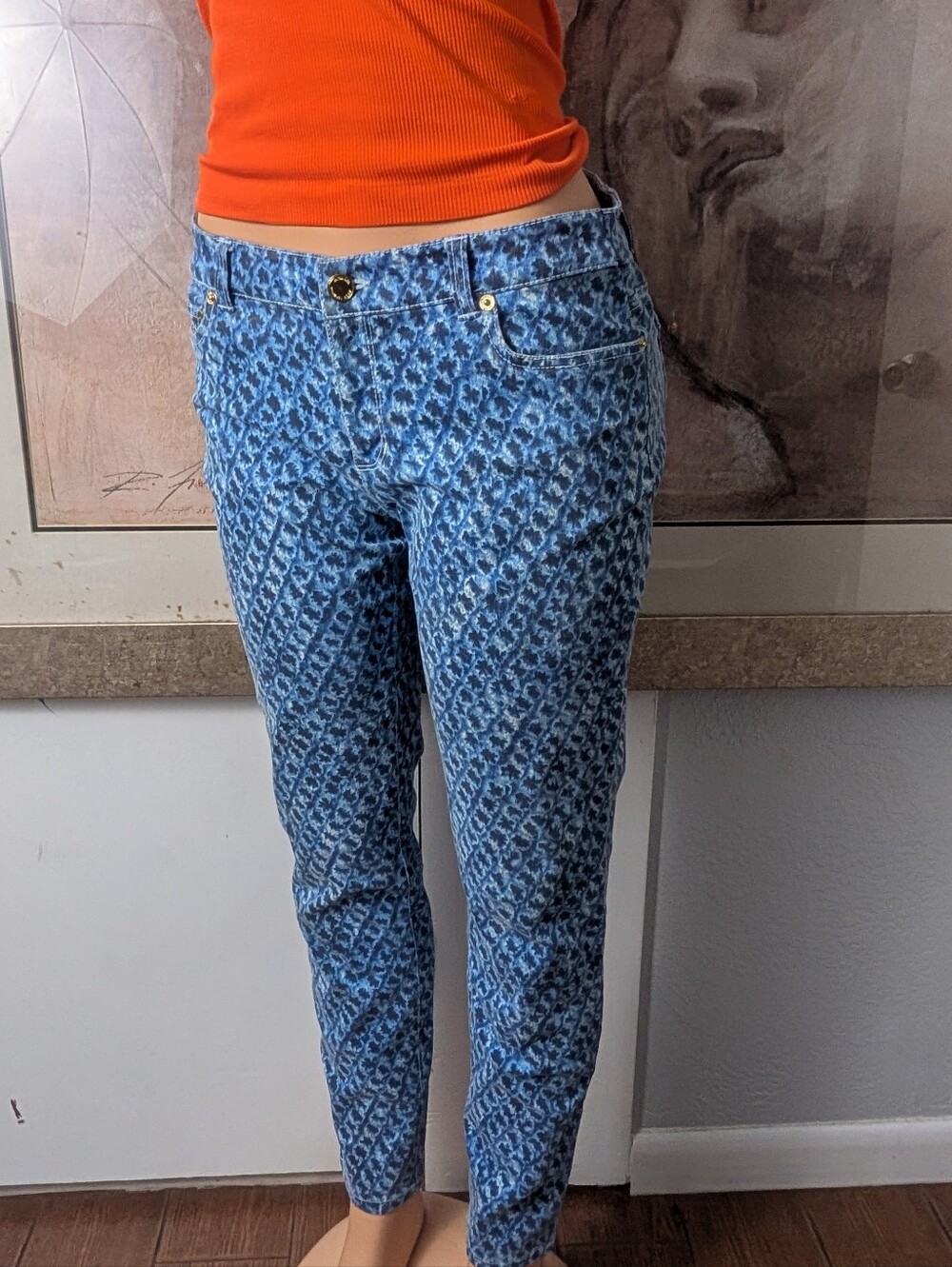 Michael Kors Skinny Jeans Blue Abstract Geometric Print Size 8